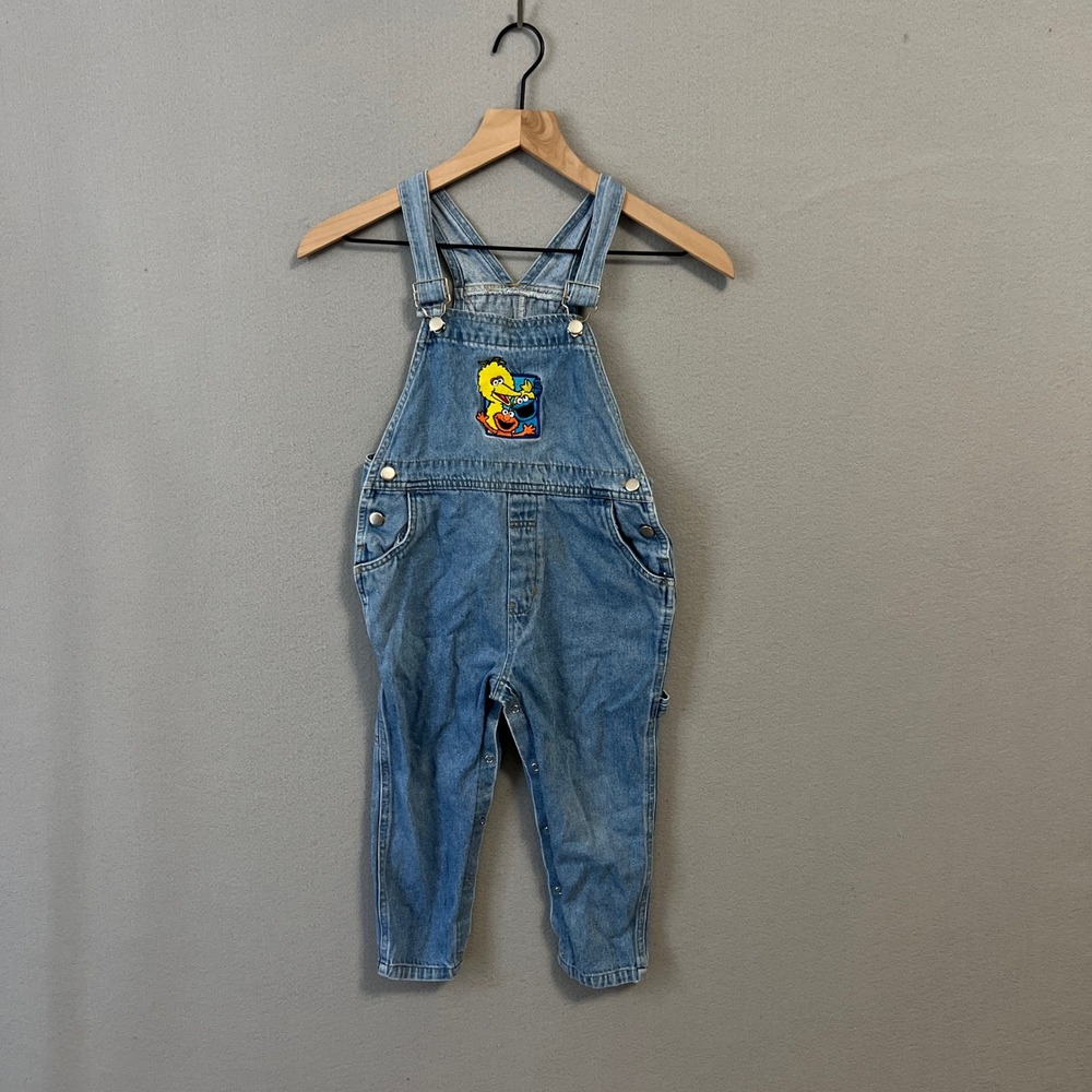 Vintage Sesame Street Overalls Kids 5T Blue Denim Muppets Big Bird Elmo Cookie